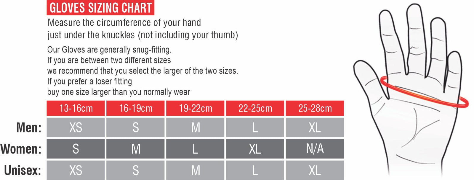 Gym Gloves Size Chart